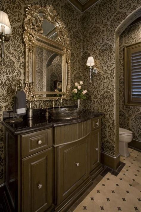 Honey flavored powdered preparation for florentines. Traditional Powder Room with Soapstone counters, Soapstone, Perfect Home - Elegant Gold Damask ...