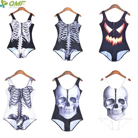 halloween jack o lantern one piece bathing suits skeleton ribs swimsuits zip front monokinis