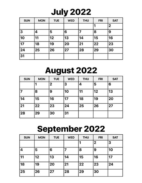 July August And September 2022 Calendar Calendar Options