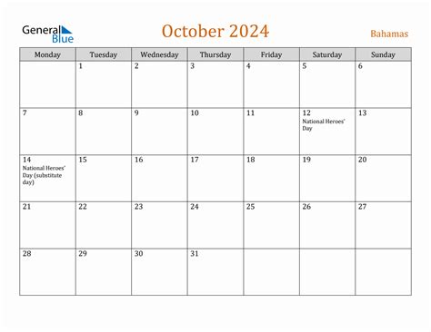 Free October 2024 Bahamas Calendar