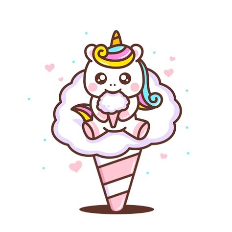 Premium Vector Cute Little Unicorn Sitting While Eating Cotton Candy