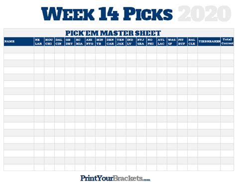 Nfl Week 14 Picks Master Sheet Grid 2020
