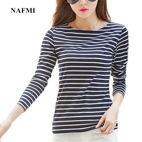 nafmi famous brand tshirt 2018 autumn t shirts for women classic stirped cotton t shirt woman