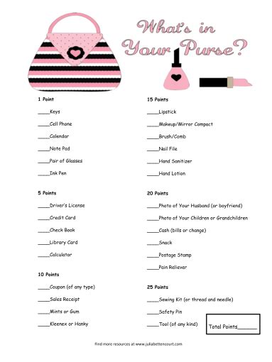 Whats In Your Purse Printable Game Games For Ladies Games For