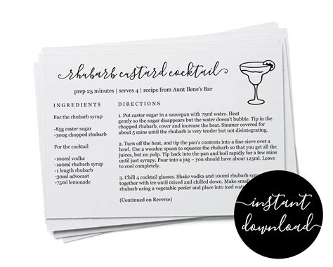 Editable Cocktail Recipe Card Template Printable Bar Drink Recipe