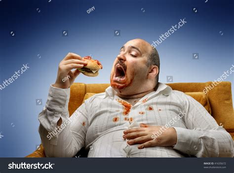 Fat Man Eating Hamburger Stock Photo Shutterstock
