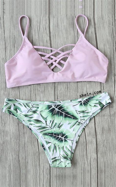 Leaf Print Criss Cross Mix Match Bikini Set Swimwear Beachwear