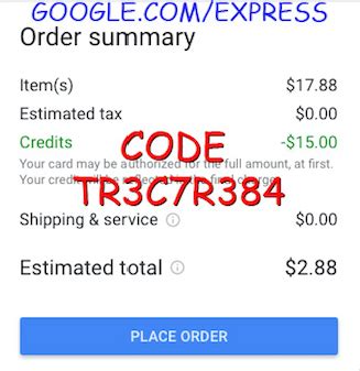 Then, once you complete your order, you'll be charged, and your order information will be sent to all of the retailers from which you've purchased an item. SAVE $15 on your first Google Express order. Promo code ...