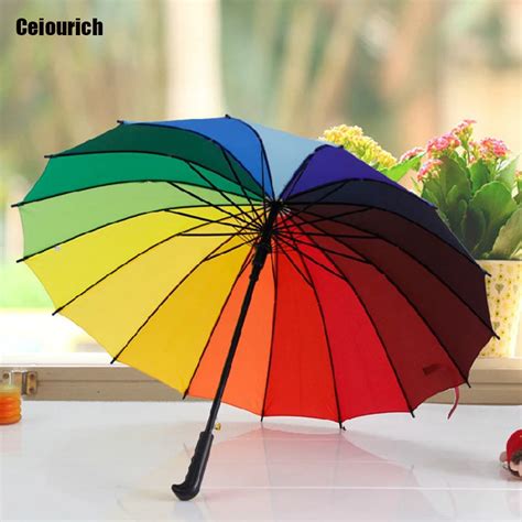 Ceriourich Rainbow Color Straight Rod Gamp Umbrellas Windproof Sunny And Rainy Women Men
