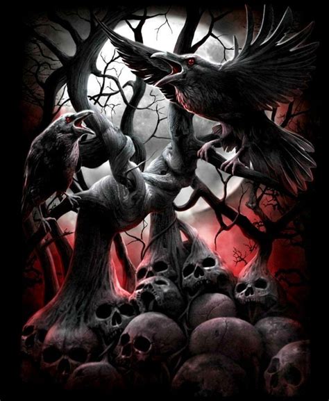 Black And White Image Of Two Crows Fighting Over Skulls