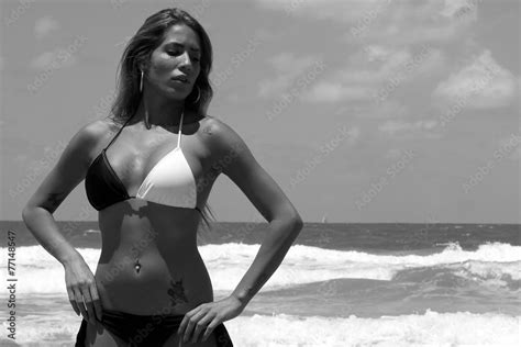 Sexy Woman With A Bikini Posing Sexy At The Beach Bw Photo Stock