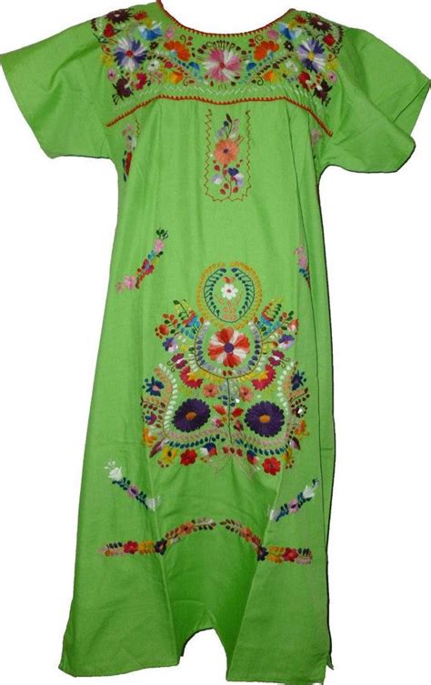 Lime Green Boho Embroidered Mexican Dress Vintage Tunic Peasant S M L