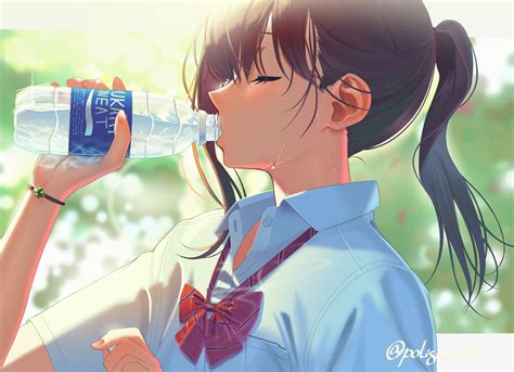 Ponytail Water Bottle Anime Girls Anime Bottles Drinking Closed Eyes