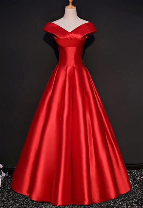 Simple Red Formal Satin Party Dress With Cap Sleeves V Neck Party Dress