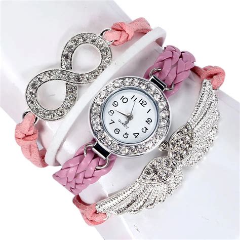 wrist watches for women top brand luxury womens bracelet weave wrap quartz leather angel wings