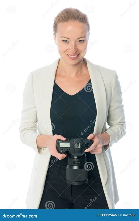 Woman Photographer Takes Images With Dslr Camera Stock Image Image Of