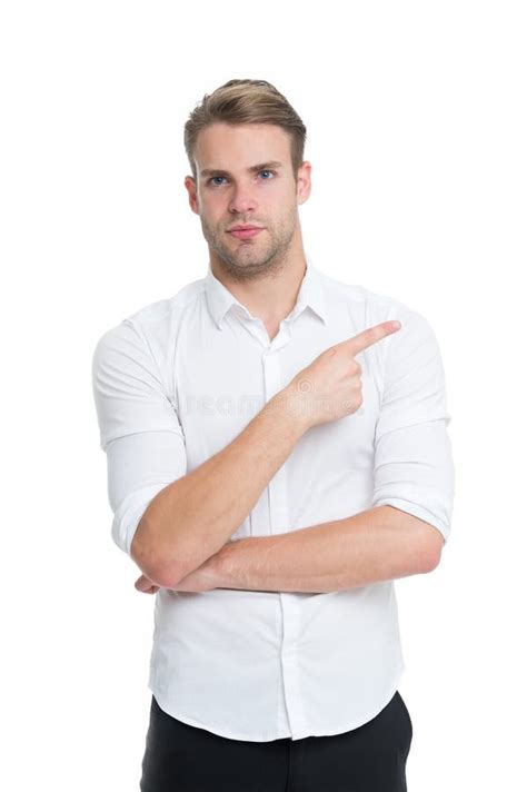 Check It Out Man Well Groomed White Collar Shirt Isolated White Background Pointing Index