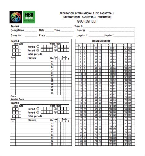 Basketball Score Sheet Printable Free