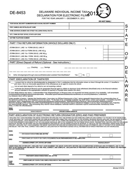 Form De 8453 Delaware Individual Income Tax Declaration For