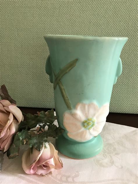 Vintage Weller Pottery Vase Wild Rose Ceramic Vase Mint Green Ceramic