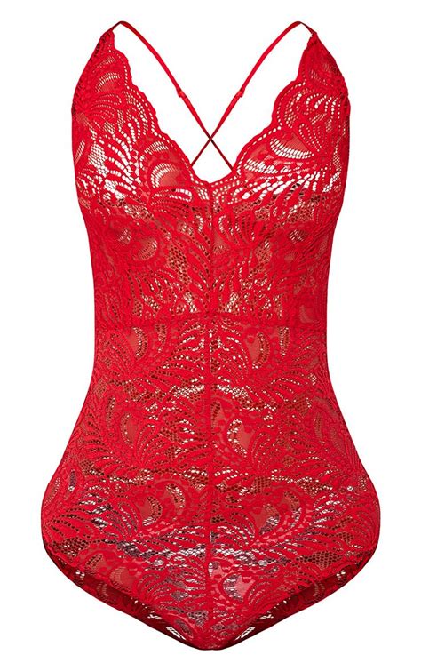 lucille red lace cross back bodysuit tops prettylittlething prettylittlething ie