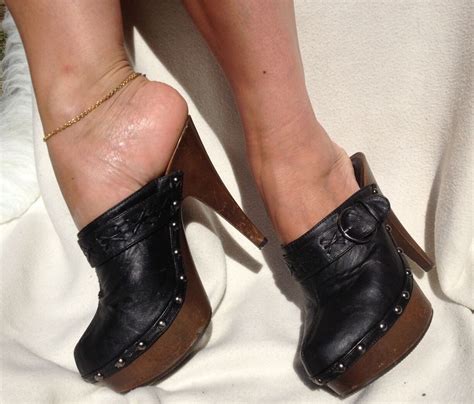 black leather mules clogs with wooden heels and soles size 4 mule clogs black leather mules