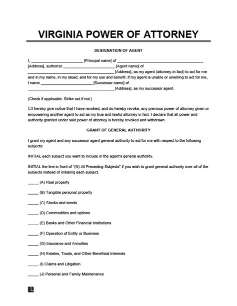 Free Virginia General Power Of Attorney Form PDF Word