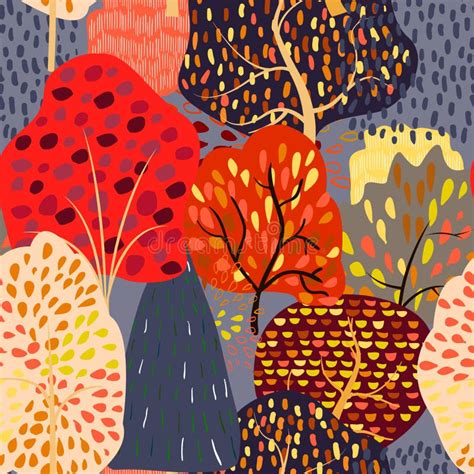 Seamless Background With Stylized Autumn Trees Forest Bright Pattern