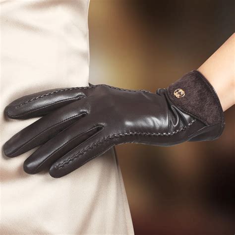 Top Fashion Goatskin Solid Genuine Leather Gloves Women Wrist Fur Adornment Winter Sheepskin