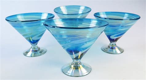 Mexican Glass Turquoise White Swirl Margarita Or Martini Short Set Of 4