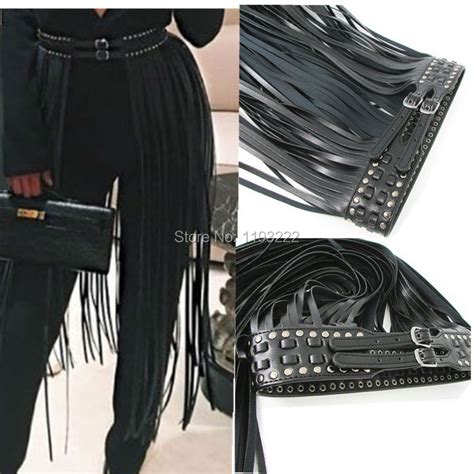 sexy punk gothic handcrafted wide body waist cincher belt long tassel fringe pu leather dress
