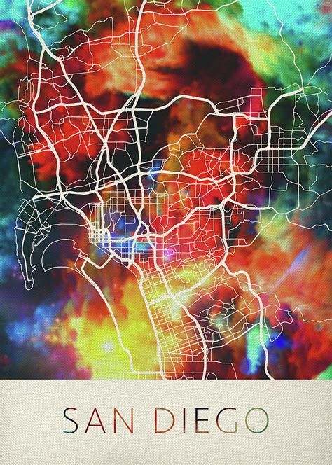 San Diego California Usa Watercolor City Street Map Mixed Media By