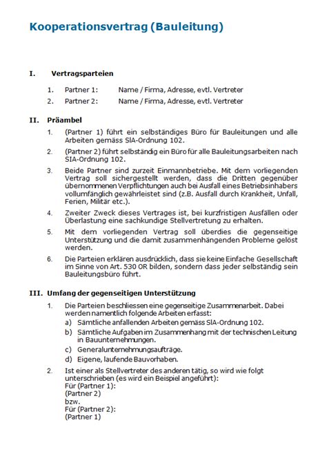 Kooperationsvertrag kooperationsvertrag über die regelung der zusammenarbeit im rahmen des gemeinschaftsunternehmens xyz zwischen firma x, _____ und firma y, _____ präambel die vertragspartner haben unter dem firmennamen. Kooperationsvertrag für gemeinsame Bauleitung zum Download.