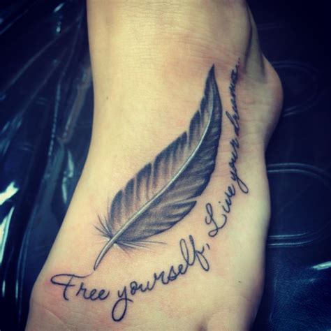 Peacock feather tattoo on foot. Feather foot tattoo with quote Free Yourself, live your ...