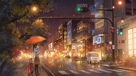 Wallpaper Anime Girls Umbrella Rain Town Moescape X Ako HD