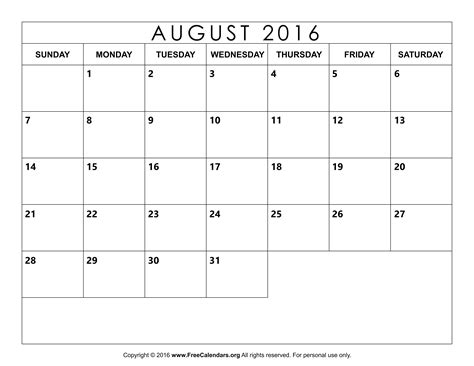 August 2016 Calendar Free Download Printable Calendar Templates