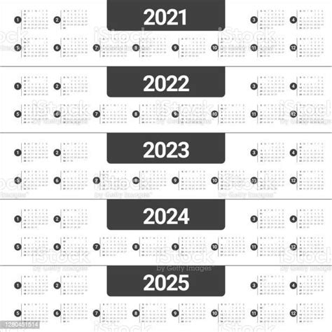 Jahr 2021 2022 2023 2024 2025 Kalender Vektordesignvorlage Stock Vektor