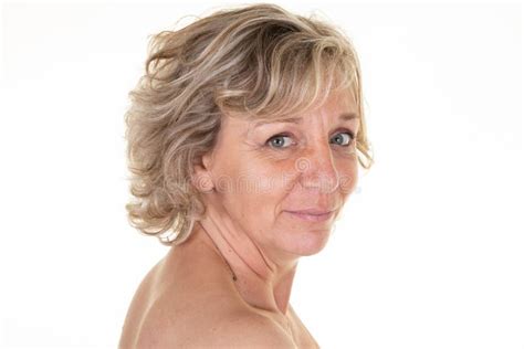 Nude Portrait Of Beautiful Mature Woman Senior Over White Background Closeup Stock Image Image