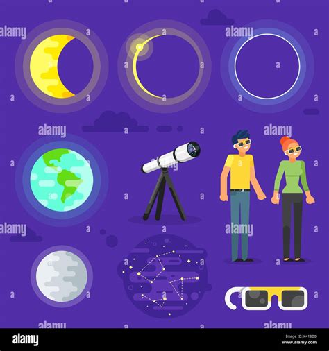 Vector Flat Style Set Of Solar Eclipse Elements For Infographic Stock
