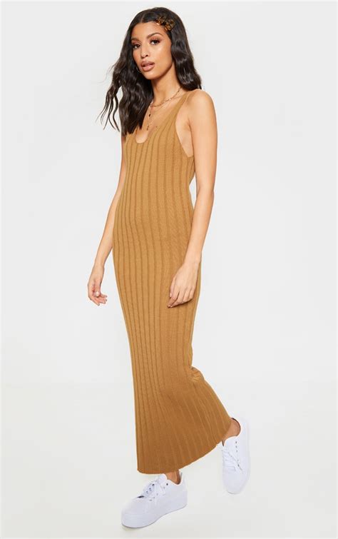Camel Ribbed Knitted Maxi Dress Knitwear Prettylittlething Aus