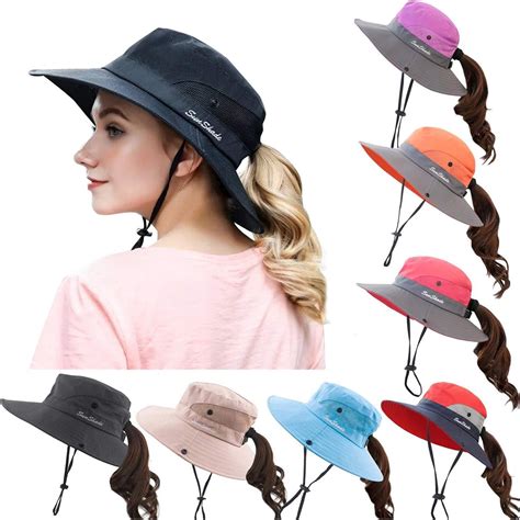 Womens Summer Mesh Wide Brim Sun Uv Protection Hat With Ponytail Hole