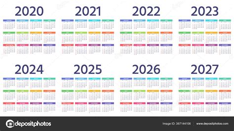 Calendario 2021 2022 2023 2024 2025 2026 2027 2020 Años Vector Gráfico