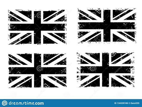 Vintage Union Jack Great Britain Grunge Flag Set Black Isolated On