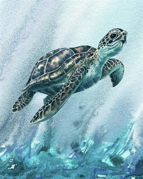 Giant Sea Turtle In Turquoise Blue Ocean Watercolor Painting By Irina
