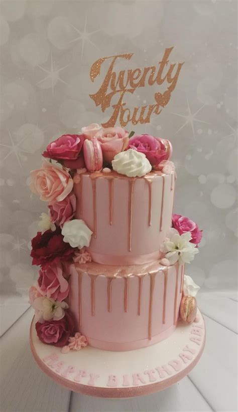 2 tier 24th birthday cake with artifitial flowers and macarons 24 birthday cake for her 2 tier