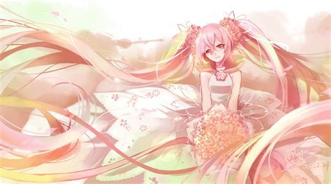 Wallpaper Illustration Flowers Long Hair Anime Girls White Dress Vocaloid Hatsune Miku