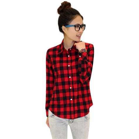 Women Button Down Casual Lapel Shirt Plaids Checks Flannel Shirt Top