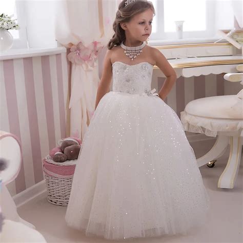 Sparkle Bling Bling Sequined Kids Puffy Ball Gowns Strapless Bow Sash