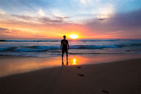 Silhouette Man Facing Seashore Beach Sunset People Alone Sea Ocean Pxfuel