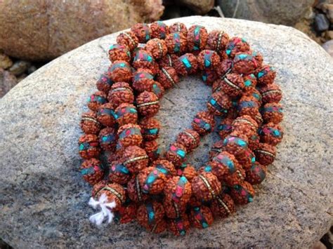 rudrakshya mala with turquoise coral and copper 10mm serenity tibet singing bowls